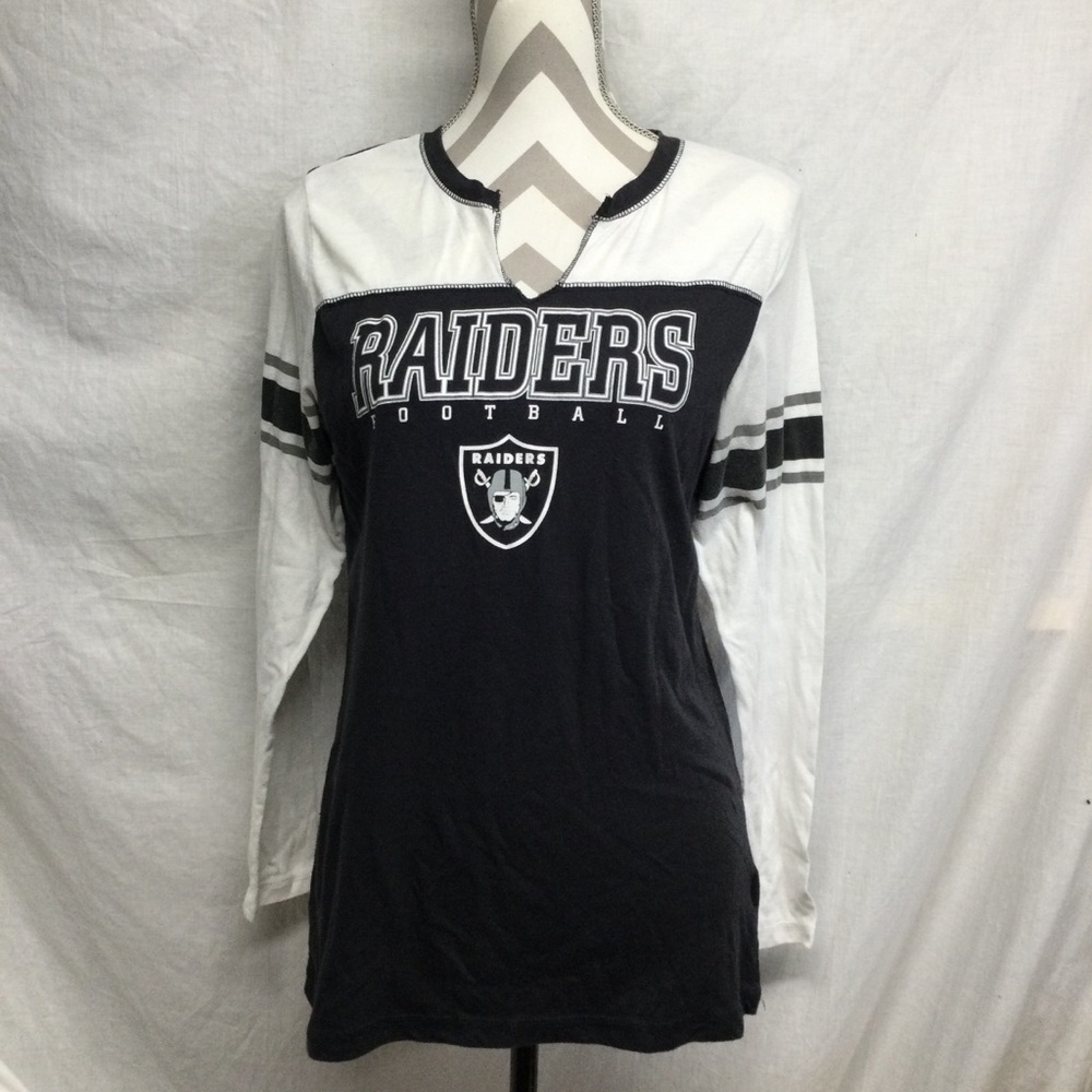 NFL Team Apparel Womens Raiders Long Sleeve T-Shirt Top in Black and White Sz L